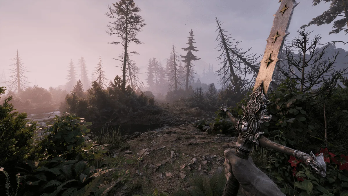 Official Fatekeeper screenshot showing forest exploration with a weapon drawn